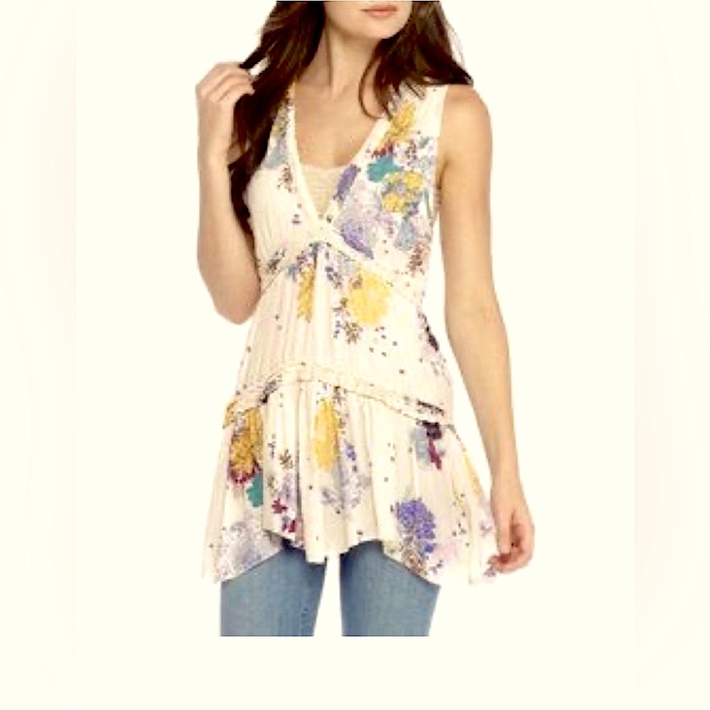 FREE PEOPLE FLORAL SLEEVELESS TIERED RUFFLE TUNIC TOP
